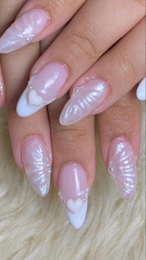 nails aesthetic almond nails glazed donut nails mermaid nails pink nails nails Pink Opal Nails Acrylic, White Iridescent Nails Almond, Mermaid Nails French Tip, Mermaid Pink Nails, Swan Nails Design, Red Mermaid Nails, Almond Nails Glazed Donut, Ethereal Nails Acrylic Almond, Fairy Almond Nails