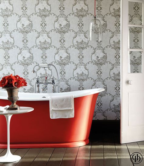 Our freestanding cast iron baths can be painted in any colour that takes your fancy | Drummonds Usk Cast Iron Bath | Bathroom Decor | Interior Design | Home Decor | Red Bath | Beautiful Wallpaper | Interior Inspiration | Beautiful Baths | Luxury Bathroom #freestandingbath #castironbath Red Bathrooms, Remodel Bathtub, Grey Cottage, Bathtub Ideas, Red Magazine, Cast Iron Bath, Neo Baroque, Mews House, Bathtub Remodel