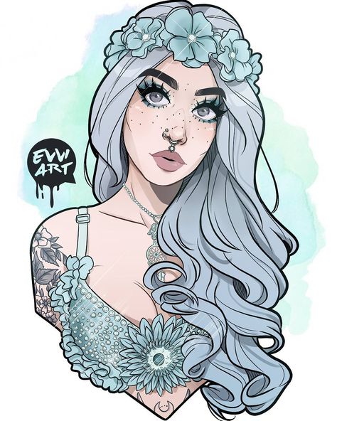 Evvi Art, Flowers In Her Hair, Girl Drawings, Dope Art, Art And Illustration, Beautiful Drawings, Girl Drawing, Character Drawing, Drawing Inspiration