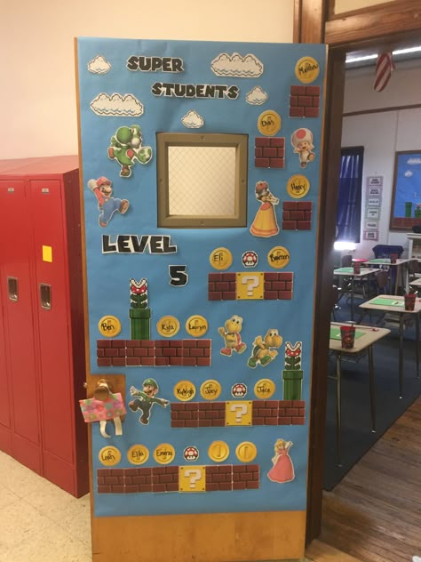 Mario Bros Themed Classroom, Mario Themed Classroom Door, Mario Classroom Door, Super Mario Bros Bulletin Board Ideas, Super Mario Bros Classroom Door, Mario Door Decorations, Super Mario Door Decorations, Mario Brothers Classroom Door, Mario Kart Classroom Door