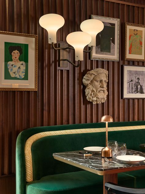 Photography by Francis Amiand. Milan Restaurants, Upholstered Banquette, Green Couch, Zellige Tile, Terrazzo Flooring, Baroque Architecture, Modern Urban, Marble Table, A Restaurant