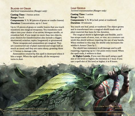 These two plant spells are just for rangers, allowing them to create magical weapons and shields to arm the party out of nothing more than leaves and blades of grass. From The Elements and Beyond, a D&D Unleashed Compendium. D&D Unleashed is free and fanmade. See more (including the full article for these spells) at dndunleashed.com, or follow @EvilBenevolent on twitter for the newest updates. You can also find these spells in the homebrew section on D&D Beyond! #dnd #dnd5e #dndhomebrew #ttrpg Dnd Ranger Spells, 5e Spells, Homebrew Spells, Dnd Concept, Dnd Spells, Gathering Storm, Dm Screen, Dnd Items, Rpg Ideas