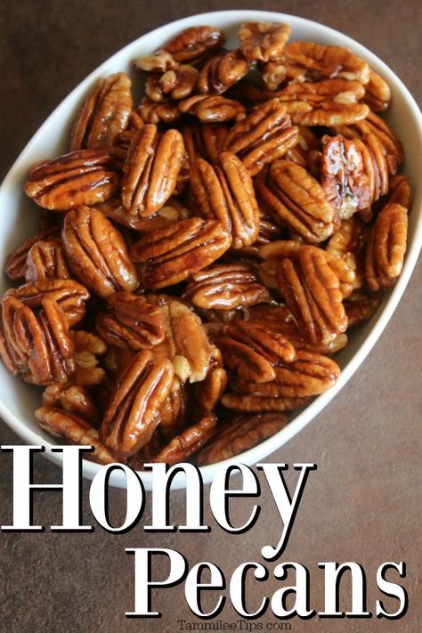 You will not believe how easy it is to make these honey glazed pecans! These honey-glazed pecans are so good on top of salads and for snacks! These honey candied pecans are absolutely delicious! Sweet and sticky with a thick glaze of honey Honey Glazed Pecans Recipe, Glazed Pecans Recipe, Candied Apples Slices, Honey Pecans, Roasted Pecans Recipe, Pecan Recipes Easy, Spicy Pumpkin Seeds, Honey Roasted Pecans, Pecan Recipe