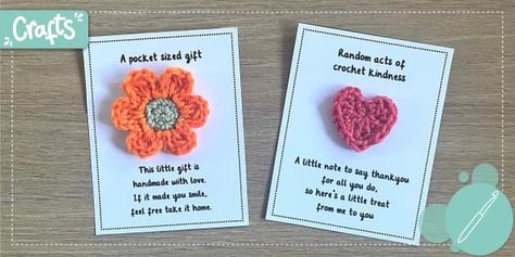 Small gestures can turn someone's whole day around! Receiving a Random Acts of crochet Kindness pocket-sized gift along with a heart-warming message is a thoughtful way to show someone you care and appreciate them. This Random Acts of Crochet Kindness craft pack includes two crochet patterns for how to make a little flower and a little heart and a message template for you to attach your kindness crochet. There are illustrated, easy-to-follow instructions for the two crochet patterns found in o Random Acts Of Kindness Crochet Ideas, Random Acts Of Crochet Kindness Free Patterns, Crochet Acts Of Kindness, Random Acts Of Kindness Crafts, Acts Of Kindness Crochet, Kindness Crochet, Kindness Craft, Random Acts Of Crochet Kindness, Remembrance Day Activities