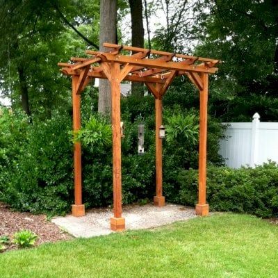 Small Garden Pergola Kit (Options: 8' L x 6' W, No Privacy Panels, California Redwood, 9 ft Post Height, 4-Post Anchor Kit for Stone, No Curtain Rods, No Decorative Trims, Transparent Premium Sealant). Photo Courtesy of James C. of Alexandria VA. Wooden Gazebo Kits, Small Garden Pergola, Pergola Decorations, Flat Inspiration, Free Standing Pergola, Garage Pergola, Small Pergola, Garden Pergola, Wooden Gazebo