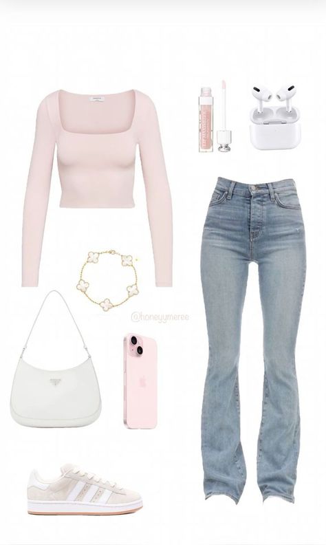 Style Inspiration Coquette, Girly Outfits Ideas, Coqquete Outfits Ideas, Pink Back To School Outfits, Basic Outfit Ideas For School, Girly Outfits Jeans, Pink Outfits For School, Highschool Outfit Ideas, Pink School Outfits