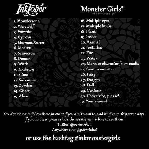 Hey guys I made an inktober prompt list for monster girls!!! Comics Sketch, 30 Day Art Challenge, 30 Day Drawing Challenge, Prompt List, Draw Fashion, Art Journal Prompts, Drawing Ideas List, Drawing Prompts, Monster Drawing