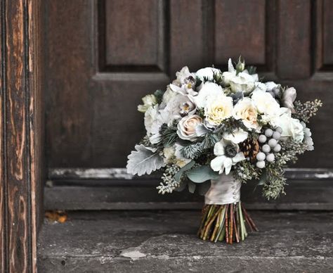 Rustic winter bouquet Brunia Berries, Silver Brunia, White Winter Wedding, Winter Wedding Bouquet, Flowers And Greenery, Winter Bouquet, Winter Wedding Flowers, White Wedding Bouquets, Winter Wedding Inspiration