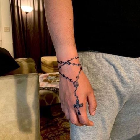 Rosary Tattoo Ideas, Rosary Ankle Tattoos, Rosary Tattoo Wrist, Chain Tattoos, Rosary Tattoo On Hand, Cross Tattoo On Hand, Christus Tattoo, Tattoos On Arm, Polish Tattoos