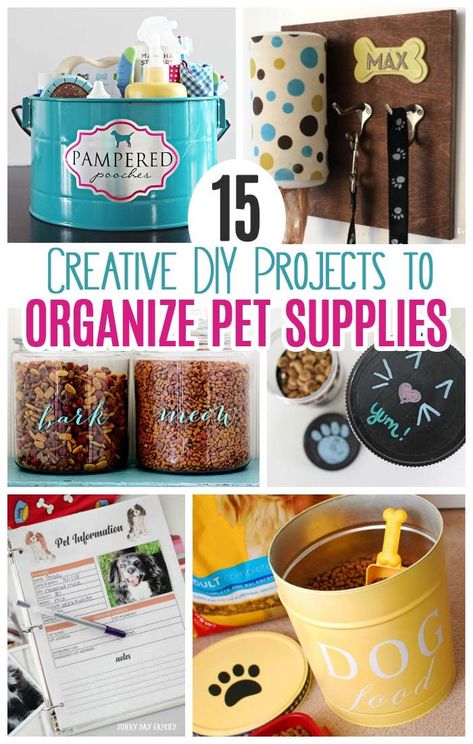 Got pet clutter? Get organized with these awesome DIY pet supply organizer projects! Make a homemade treat jar, DIY pet food container, pet command center, pet records organizer and more. Perfect for cats and dogs! #dogs #cats #DIY #pets Diy Pet Food, Diy Organize, Pet Supplies Organization, Best Dog Food Brands, Chat Diy, Dogs Diy Projects, Dog Organization, Pet Food Container, Pet Organization