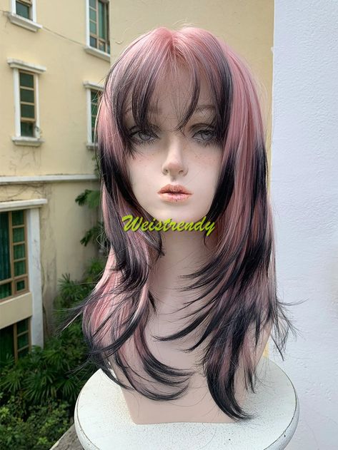 Strawberry Ombre Pink Into Black Dips Wolf Cut Long Layered Straight Hair With Bangs Synthetic No Lace Cosplay Wig Fun Wigs Heat Safe - Etsy Layered Straight Hair With Bangs, Long Layered Straight Hair, Layered Straight Hair, Fun Wigs, Straight Hair With Bangs, Wolf Cut Long, Red Hair Inspo, Ombre Pink, Hair Inspiration Short