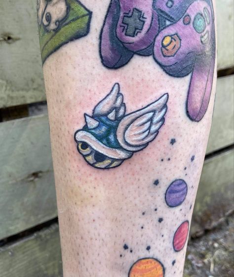 Mario Kart Tattoo Ideas, Mario Kart Tattoo, Shell Tattoo, Mario Tattoo, Shell Tattoos, Blue Shell, Mario Kart, First Place, Ink Art