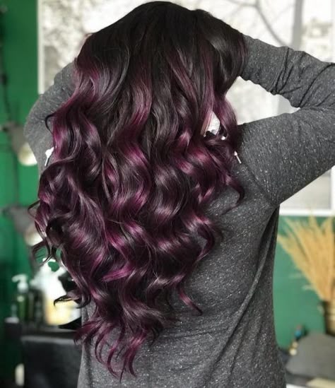 17 Stunning Examples of Balayage Dark Hair Color Blackberry Highlights On Dark Hair, Color In Dark Hair, Deep Purple Highlights On Dark Hair, Dark Purple Balayage Brunettes, Dark Hair Color Ideas For Spring, Dark Hair With Purple Highlights, Fun Dark Hair Color Ideas, Dark Hair Purple Highlights, Deep Purple Highlights