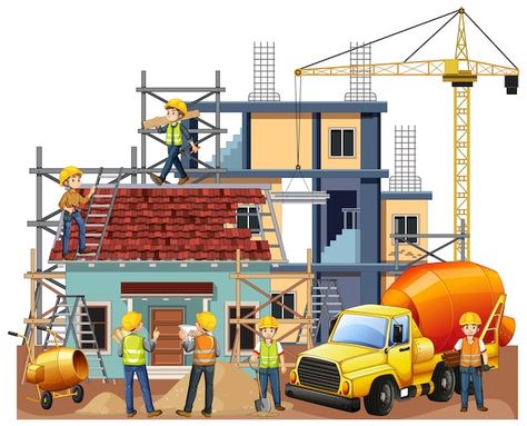 Isolated construction site with workers | Free Vector #Freepik #freevector #house-clipart #clip-art #construction-illustration #cartoon-svg Construction Companies, Construction Firm, 2nd Place, Our Environment, Construction Site, Build Your Dream Home, Construction Company, Trx, Project Management