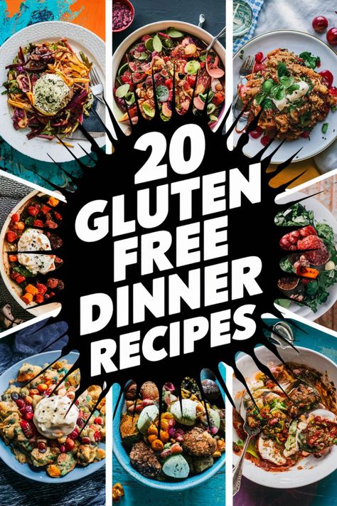 20 gluten-free dinner recipes text surrounded by photos of colorful meals. Easy Healthy Dinner Recipes Gluten Free, Easy Dinner Recipes For Two Gluten Free, Gluten Free Recipes On A Budget, Healthy Dinner Recipes Gluten Dairy Free, 30 Minute Gluten Free Meals, Dinner Ideas Gf Df, Quick And Easy Gluten Free Recipes, Celiac Recipes Dinner, Fast Gluten Free Dinner