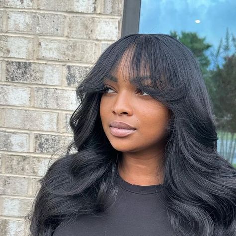 Side Part Curtain Bangs Black Women, Girl With Black Hair And Curtain Bangs, Curtain Bangs Closure, Body Wave Sew In With Bangs, Wig With Curtain Bangs For Black Women, Full Weave With Bangs, Middle Part Shoulder Length Hair Weave, Sew In Weave With Closure Curtain Bangs, Curtain Bangs Weave Black Women