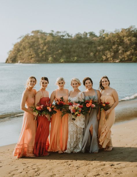 Tropical Glam Color Palette, Costa Rica Wedding Colors, Beach Wedding Entourage, Beach Wedding Bridesmaid Dresses, Watters Wedding Dress, Tropical Glam, Simple Beach Wedding, Tropical Wedding Inspiration, Beach Wedding Bridesmaids