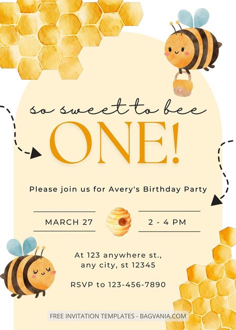 One Bee Birthday, Bees Birthday Party Ideas, Bee Birthday Party Decorations, Bee Party Ideas, Birthday Invitation Template Free Editable, Bee Party Invitations, Bee Birthday Party Invitations, Bee Birthday Invitations Free Printable, Bumble Bee Birthday Invitations