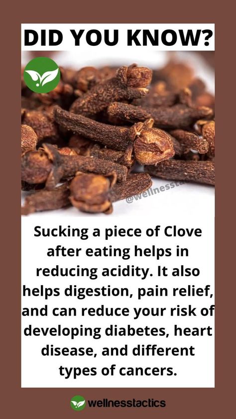 Did you know? - Clove gives relief from acidity, among other things. in 2022 | Home health remedies, Food health benefits, Health heal Ashawangda Benefits For Women, Covi̇d Remedies, Clove Benefits, Herb Benefits, Healing Spices, Cloves Benefits, Food Health Benefits, Health Heal, Home Health Remedies