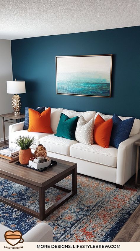 Blue Wall Living Room Ideas, Accent Wall Ideas For Living Room, Wall Ideas For Living Room, Colorful Modern Home, Vertical Slats Wall, Blue Living Room Ideas, Orange Accent Walls, Blue Accent Wall, Blue Walls Living Room