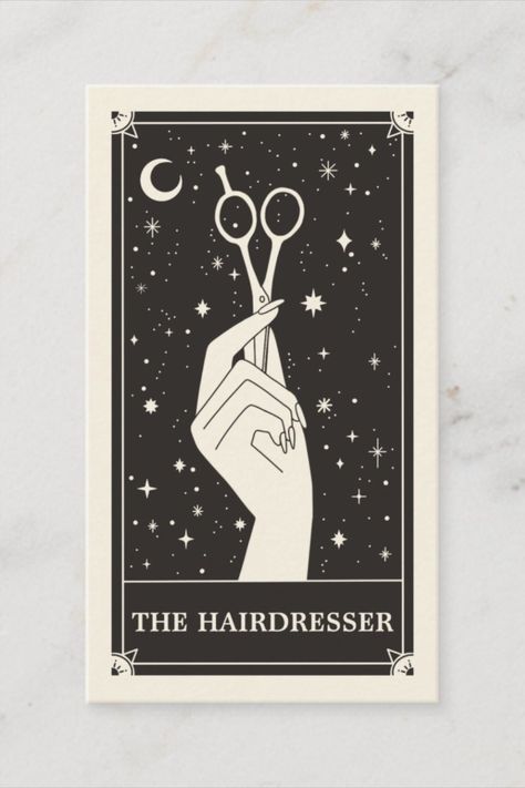 Celestial Tarot Hairdresser Black Business card This business card features a tarot card style design in a black and cream colour palette. The illustration shows a hand holding hairdressing scissors surrounded by twinkling stars. This would be perfect for any hairdresser or stylist who prefers an alternative style business card #BusinessCard #BusinessCardDesign #BusinessBranding #SmallBusiness  #Entrepreneur #BusinessCardIdeas #CreativeBusinessCard #GraphicDesign #BrandIdentity #Hairdresser Hair Stylist Illustration, Hair Dressing Salon Ideas, Cosmetology Business Cards Ideas, Logo Design Hair Salon, Business Card Ideas For Hairstylist, Hairstylist Cards Business, Hair Stylist Business Card, Cosmetology Business Cards, Business Card Design Hairstylist