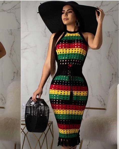 Jamaican Dress Jamaican Crochet Dress, Jamaican Colors Outfit, Jamaica Moodboard, Jamaican Outfits For Women, Rastafarian Outfits, Jamaican Dress, Jamaican Fashion, Rasta Dress, Jamaican Clothing