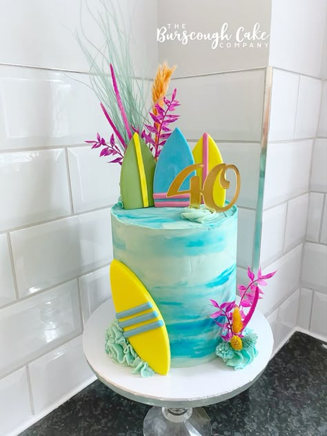 Bright surf themed cake Surfing Theme Cake, Surfing Birthday Cake, Surfer Birthday Cake, Surfs Up Birthday Cake, Surf Cake Ideas, Surfs Up Cake, Pool Theme Cake, Beach Theme Cakes, Beach Themed Birthday Cakes