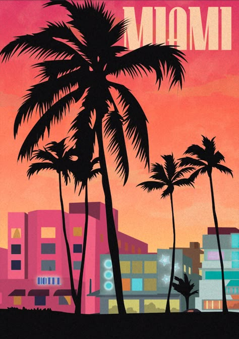 Miami Postcard Vintage, Vintage Miami Poster, Maimi Aesthetic, Miami Vibes Aesthetic, Miami Poster Design, Miami Drawing, Miami Background, Miami Postcard, Miami Illustration