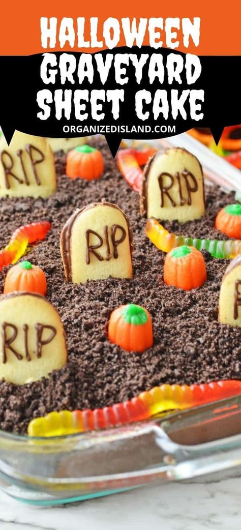 This festive Halloween sheet cake is a great dessert idea for Halloween parties or fall dinners. This graveyard cake is easy and fun to make. Graveyard Dirt Cake Halloween Desserts, Grave Yard Cake Ideas, Halloween Cake Walk, Graveyard Cake Ideas, Halloween Sheet Cake Ideas Easy, Halloween Graveyard Cake, Halloween Dessert For A Crowd, Halloween Sheet Cakes, Simple Halloween Cakes