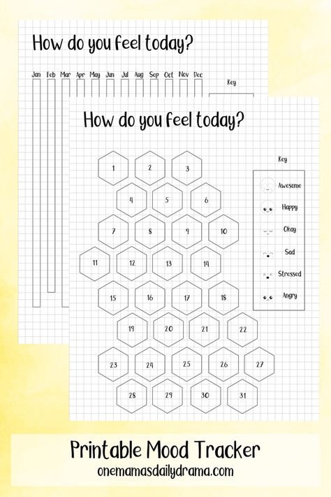 Use a printable mood tracker to keep track of how you feel each day. It's a fun way to reflect daily and keep a record of your year. This free download includes a monthly and yearly tracker.  #printable #bulletjournal #tracker Feeling Tracker, Feelings Tracker, Printable Mood Tracker, Yearly Tracker, Daily Drama, Mood Tracker Printable, Organized Planner, Planer Organisation, Life Tracker