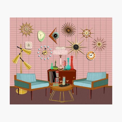 Promote | Redbubble Mid Mod Living Room, Pink Brick Wall, Mod Living Room, Vintage Home Design, Clock Collection, Mid Century Clock, Decorated Gift Bags, Palm Springs Style, Mid Century Modern Wall Art