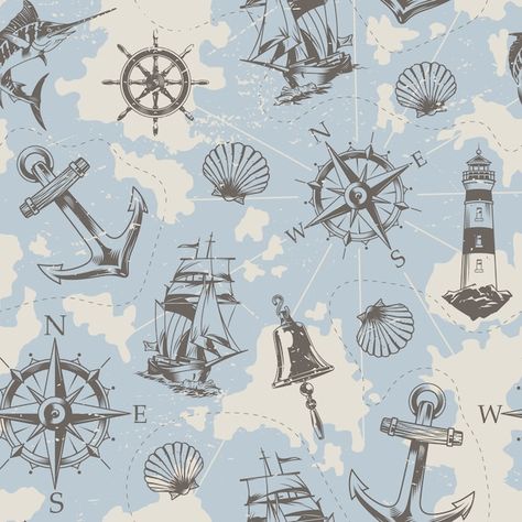 Free vector vintage nautical elements se... | Free Vector #Freepik #freevector #sea-map #adventure-map #nautical #old-map Coastal Lampshades, Sailor Illustration, Sea Monsters Drawing, Marine Poster, Compass Vector, Nautical Logo, Nautical Elements, Nautical Prints, Vector Patterns Design