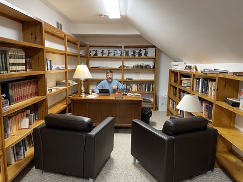 Pastor Study Office, Pastors Study Office, Pastor Office, Pastors Office, Reading Stations, Home Office Cabinets, Youth Pastor, Visual Style, Office Games