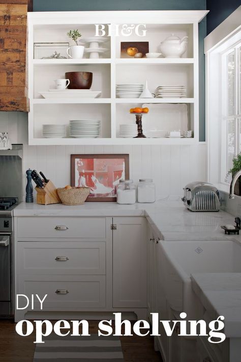 For an affordable open shelving option, convert an existing cabinet into stunning DIY open shelving. We'll walk you through the steps so you can have open shelves in your kitchen in just a few days. Learn how to remove cabinet doors, install trim, and paint existing shelving to create open shelving in your kitchen. #diyopenshelving #openshelfs #kitchenremodel #kitchenmakeover #bhg No Door Kitchen Cabinets, Kitchen Cabinets No Doors, Cabinets No Doors, Open Kitchen Cabinets No Doors, Kitchen Cabinets Without Doors, Cabinets Without Doors, Remove Cabinet Doors, Kitchen Hutch Decor, Kitchen Cabinets Open