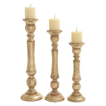 Decmode Wood Candleholder, Set of 3, Gold Wood Pillar Candle Holders, Candle Pedestal, Small Candle Holders, Gold Candle Holders, Large Candle Holders, Wooden Candle Sticks, Wood Candle, Wood Candle Sticks, Wooden Candle Holders