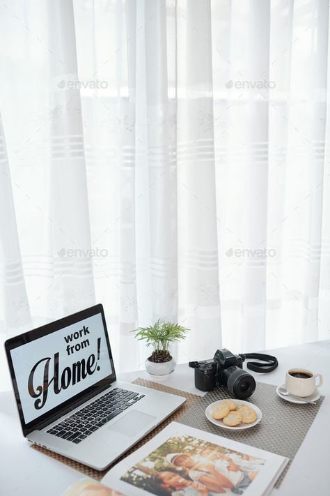 Work from home advice by DragonImages. Work from home advice on laptop screen of photogrpaher. His camera, homemade cookies and printed photos on table #AD #DragonImages, #laptop, #screen, #Work Work From Home Photos, Work From Home Pictures, Laptop On Table, Laptop Photos, Laptop Pics, Video Reels, Work Pictures, Affiliate Marketing Course, Online Work From Home