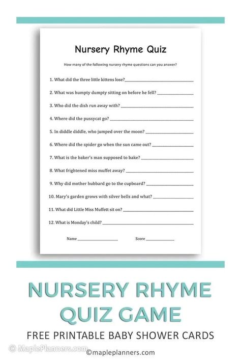 Nursery Rhyme Baby Shower Game, Free Nursery Rhymes, Nursery Rhyme Game, Nursery Rhyme Quiz, Free Printable Baby Shower Games, Nursery Rhymes Games, Free Printable Games, Baby Prediction, Baby Shower Planning