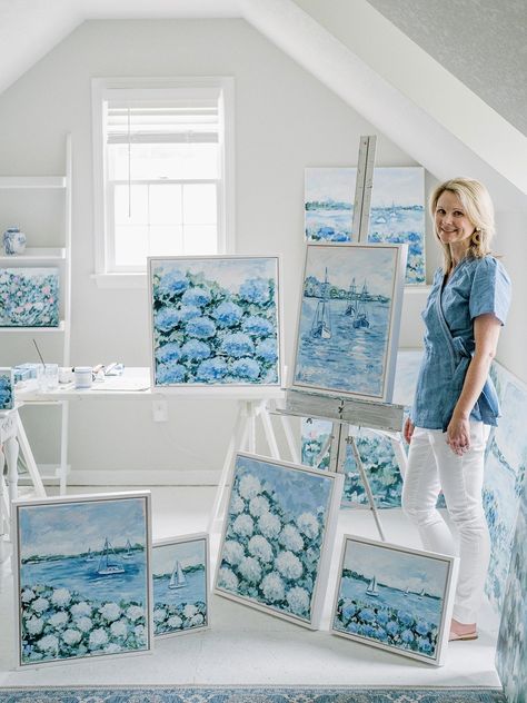 Blue White Painting, Blue And White Artwork, Hamptons Painting, Blue And White Gallery Wall, Hydrangea Paintings, Grand Millennial Painting, Blue And White Paintings, Blue And White Wall Art, Blue And White Painting