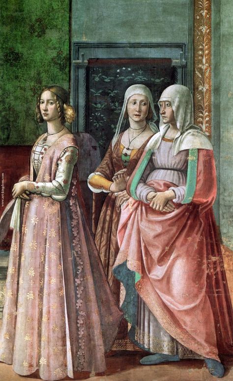 1480s Florence – Commonly worn jewellery – Dawn's Dress Diary 15th Century Fashion, Fair Outfit, St John The Baptist, Santa Maria Novella, Late Middle Ages, Three Women, Festival Costumes, John The Baptist, Italian Art