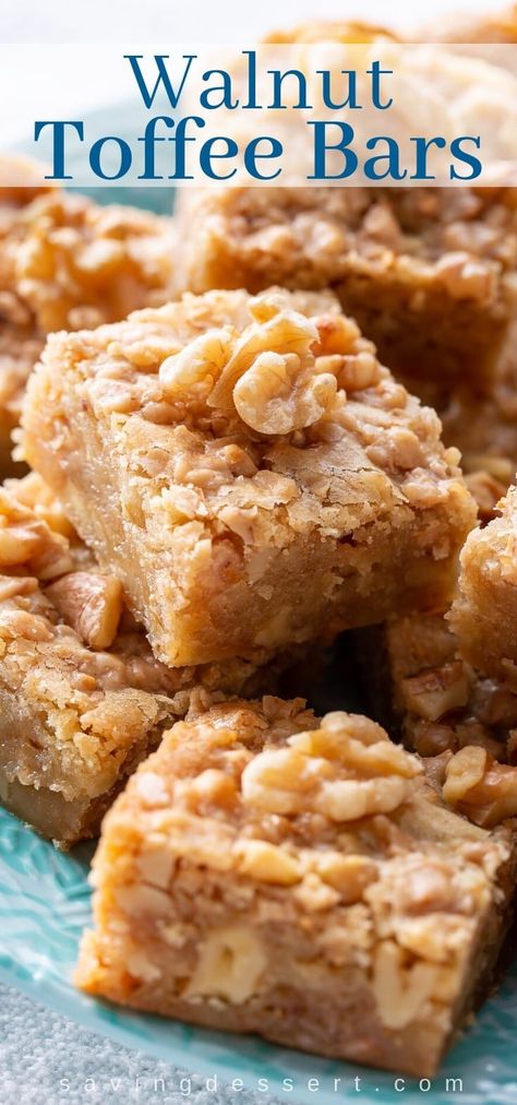 Walnut Toffee Bars | Easy bar recipes, Toffee bars, Walnut recipes Simple Bars, 15 Minute Desserts, Bars Dessert, Easy Bar Recipes, Toffee Bars, Toffee Cookies, Recipe Baking, Walnut Recipes, Dessert Cookbooks