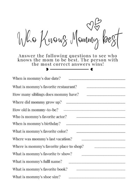 Who Knows Mommy Best Baby Shower Game | PosterMyWall Who Knows Daddy Best Baby Shower Game, Who Knows Mommy Best Free Printable, Baby Shower Games Mommy Or Daddy, Baby Shower Quiz Game, Who Knows Mommy Best Baby Shower Game, Baby Shower Timeline Day Of, Mommy Shower Ideas, Baby Shower Question Game, Baby Shower Questions