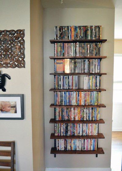 40 DVD Storage Ideas - Organized Movie Collection Designs Dvd Storage Ideas, Dvd Storage Cabinet, Diy Dvd Storage, Diy Dvd, Dvd Storage Shelves, Dvd Cabinets, Dvd Shelves, Cd Storage, Diy Storage Boxes