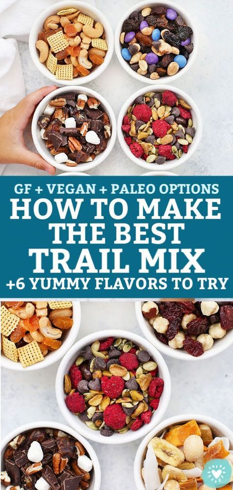 How to Make the BEST Trail Mix - Try this DIY  Trail Mix Bar to make a week of healthy snacks in no time with these yummy trail mix ideas! Try our favorite flavor combinations or create your own. Gluten free, vegan, paleo, and Whole30 options! // Paleo snack // Trail Mix // Gluten free snack // Vegan snack #trailmix #glutenfree #vegan #paleo #snack #healthysnack Trail Mix Ideas, Diy Trail Mix Bar, Trail Mix Bar, Trail Mix Recipe, Healthy Trail Mix, Gluten Free Snack, Paleo Snack, Trail Mix Recipes, Homemade Trail Mix