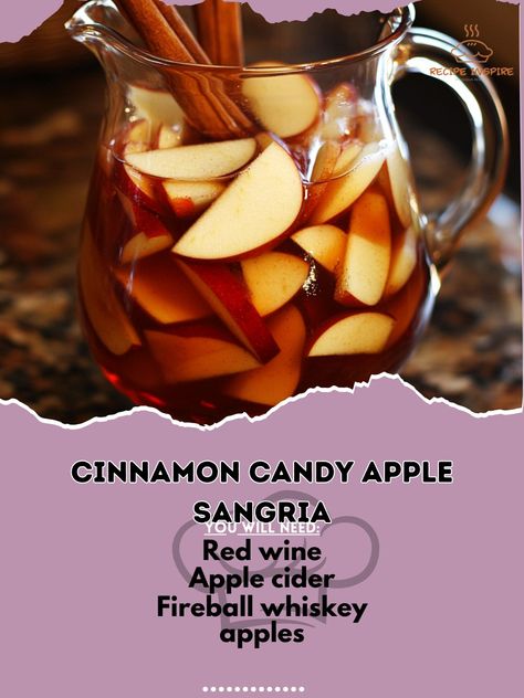 🍎✨ Indulge in the flavors of fall with a delightful Cinnamon Candy Apple Sangria – perfect for cozy evenings! #FallVibes #CinnamonSangria Cinnamon Candy Apple Sangria Ingredients: Red wine (1 bottle) Apple cider (2 cups) Fireball whiskey (1/2 cup) Sliced apples (2) Cinnamon sticks (2) Club soda (1/2 cup) Ice (as needed) Instructions: In a pitcher, combine red wine, apple cider, Fireball whiskey, and sliced apples. Stir well, then refrigerate for 1-2 hours. Add cinnamon sticks and top with... Fireball Apple Cider Sangria, Fireball Apples, Alcoholic Apple Cider Recipe, Cinnamon Sangria, Liquor Ideas, Spiked Cider, Sangria Ingredients, Apple Sangria, Apple Cider Sangria