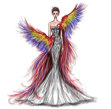 Scarlet Macaw gown Bird Inspired Fashion, Sketches Step By Step, Fashion Design Inspiration, Fashion Model Sketch, Scarlet Macaw, Fashion Figure Drawing, Model Sketch, Dress Illustration, Fashion Drawing Tutorial