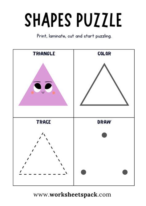 Shapes Puzzle Worksheets Free Printable, Triangle Puzzle Game for Students - Printable and Online Worksheets Pack Triangle Games For Preschool, Triangle Worksheets Kindergarten, Triangle Worksheet Preschool, Triangle Preschool Activities, Triangle Activities For Preschool, Shapes Crafts Preschool, Shapes For Preschoolers, Shapes Activities Preschool, Triangle Puzzle