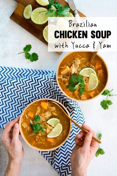 This healthy Brazilian Chicken Soup recipe features yuca root and yam. It's a hearty, easy and delicious chicken soup recipe that's also gluten free! Yucca Root, Yuca Root, Brazilian Chicken, Complete Meals, Yams Recipe, Latin Recipes, Chicken Soup Recipe, Food Soup, Chilli Recipes