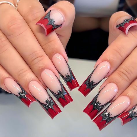 Nail Bat, Batman Nails, Vampire Nails, Bat Nails, Nail Art Halloween, Nagellack Trends, Long Press On Nails, Halloween Acrylic Nails, Halloween Nail Designs