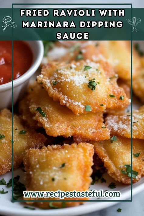 Crispy, golden-brown ravioli paired with marinara sauce makes for a crowd-pleasing appetizer or snack that's perfect for any occasion! Crispy Ravioli, Marinara Dipping Sauce, Fried Ravioli, Vegetarian Italian, Ravioli Recipe, Crowd Pleasing Appetizers, Quick Weeknight Meals, Cozy Night, Spaghetti Sauce