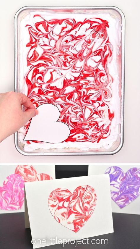 Create marbled shaving cream hearts and use them to make a homemade Valentine's Day card! It's such an easy art project for kids, and so fun to make unique marbling designs in the paint and shaving cream. They're the perfect craft for Valentine's Day, Mother's Day, or any day! Shaving Cream Art, Valentine Art Projects, Cream Art, Folding Origami, Preschool Valentines, Valentine Crafts For Kids, Mothers Day Crafts For Kids, Valentines Art, Elementary Art Projects